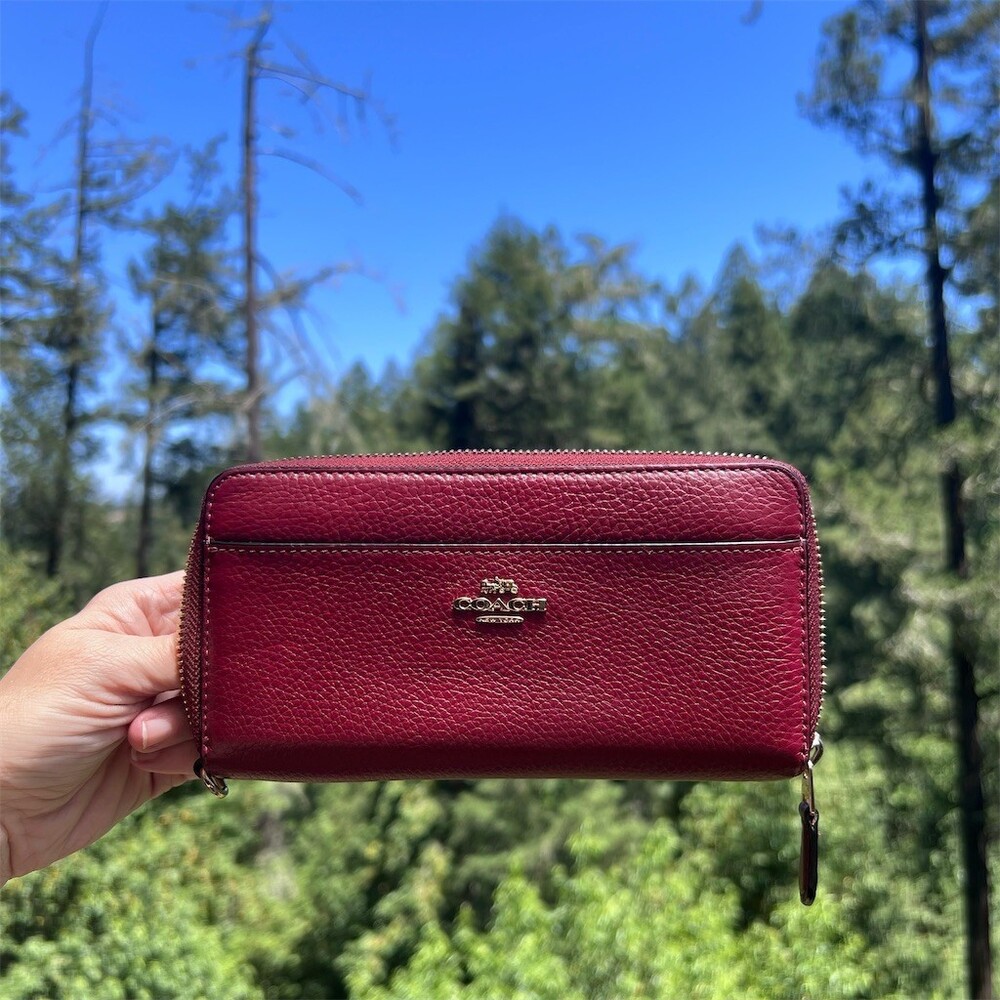 COACH Long Zip-Around Burgundy Pebble Leather Wallet w Gold Hardware AUTHENTIC